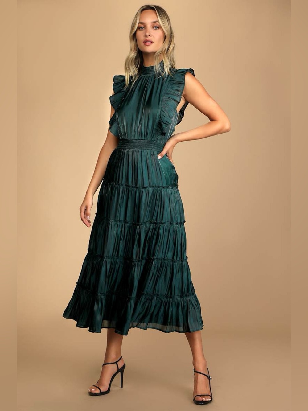 Lulu's Take A Glance Emerald Green Tiered Mock Neck Midi Dress | Xsmall